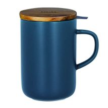 OGO Living Blue stoneware large tea infusing mug with wooden lid - 475ml - Simple wall