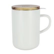 OGO Living White stoneware large tea infusing mug with wooden lid - 475ml - Simple wall