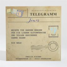Dankeskarte Geburt Telegramm Jungen personalisierbar - Farbe Braun - 9.5 x 9.5 cm - MeineKarten