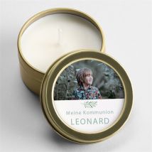 Kerze Kommunion Blätter und Vergoldung personalisierbar - 5 cm Durchmesser, 2,5 cm Höhe - MeineKarten