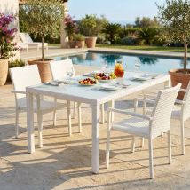 Milani Home - tavolo da giardino rettangolare fisso in wicker bianco con piano in vetro, 150 x 90 cm, per terrazzo portico e giardino