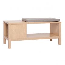 Banc d'entrée avec rangement finition bois clair chêne avec coussin banquette grège L100 cm GUMBY