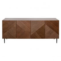 Buffet design en bois foncé chêne massif gravé et métal noir 4 portes L180 cm ARCHIPEL