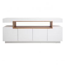 Buffet scandinave blanc laqué brillant et bois 4 portes L180 cm LIVO