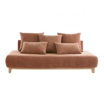 Canapé 3 places en tissu effet velours texturé terre brûlée et bois clair L200 cm ODEON