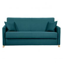 Canapé convertible 3 places en tissu bleu canard et bois clair avec matelas 13 cm SKANDY