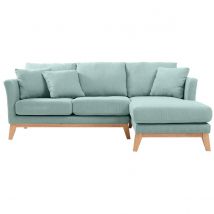 Canapé d'angle droit déhoussable scandinave 4 places en tissu vert lagon et bois clair OSLO