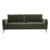 Canapé design 3 places en tissu effet velours vert kaki et métal noir MOSCO
