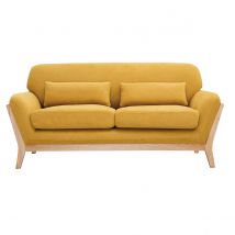Canapé scandinave 2 places en tissu effet velours jaune moutarde et bois clair YOKO