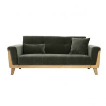 Canapé scandinave 3 places en tissu effet velours vert kaki et bois clair FJORD