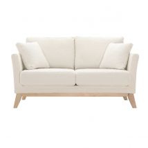 Canapé scandinave déhoussable 2 places en tissu effet laine bouclée blanc cassé et bois clair OSLO