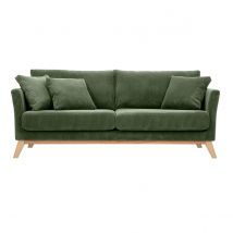 Canapé scandinave déhoussable 3 places en tissu velours côtelé vert kaki et bois clair OSLO