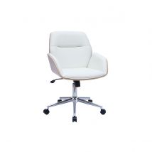 Chaise de bureau à roulettes design blanc, bois clair et acier chromé MARLOW