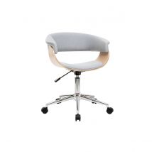 Chaise de bureau à roulettes design en tissu gris clair, bois clair et acier chromé OKTAV