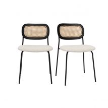 Chaises design en tissu effet laine bouclée blanc, métal noir et cannage rotin (lot de 2) MIRANDA