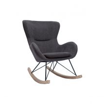 Rocking chair design en tissu effet velours gris foncé, métal noir et bois clair ESKUA