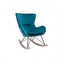 Rocking chair design en tissu velours gaufré bleu canard, métal noir et bois clair ESKUA