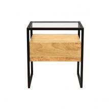 Table de chevet avec tiroir en bois manguier massif, verre et métal noir DIYA