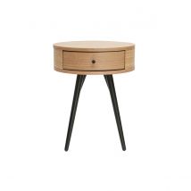 Table de chevet ronde avec tiroir bois clair et métal noir KORAL