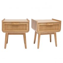 Tables de chevet avec tiroir en bois clair massif et cannage rotin L50 cm (lot de 2) ATHÈNE