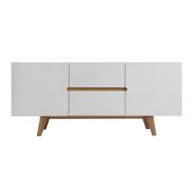 Miliboo - Buffet scandinave blanc laqué brillant et finition bois clair 2 portes 2 tiroirs L160 cm MELKA