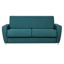 Miliboo - Canapé convertible 3 places en tissu bleu canard et bois clair avec matelas 18 cm GRAHAM