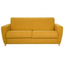 Miliboo - Canapé convertible 3 places en tissu jaune moutarde et bois clair avec matelas L140 cm 12 cm GRAHAM
