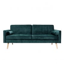 Miliboo - Canapé convertible 3 places en tissu velours bleu pétrole et bois clair MOORE