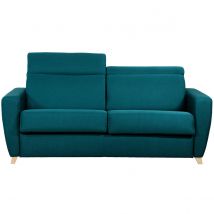Miliboo - Canapé convertible avec têtières ajustables 3 places en tissu bleu paon et bois clair avec matelas 12 cm GOYA