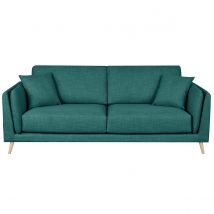 Miliboo - Canapé scandinave 3 places en tissu bleu paon et bois clair VOGUE