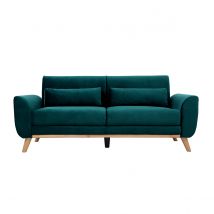 Miliboo - Canapé scandinave 3 places en tissu velours bleu canard et bois clair EKTOR