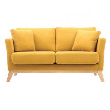 Canapé scandinave déhoussable 2 places en tissu effet velours jaune moutarde et bois clair OSLO