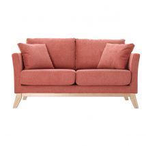 Canapé scandinave déhoussable 2 places en tissu effet velours texturé terracotta et bois clair OSLO