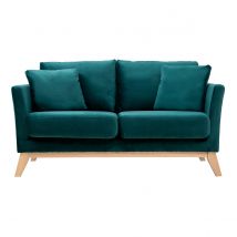 Canapé scandinave déhoussable 2 places en tissu velours bleu pétrole et bois clair OSLO