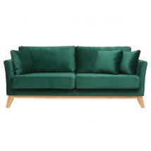 Miliboo - Canapé scandinave déhoussable 3 places en tissu velours vert émeraude et bois clair OSLO