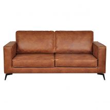 Miliboo - Canapé vintage 3 places cuir marron cognac aspect vieilli et métal noir SONNY