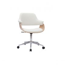 Miliboo - Chaise de bureau à roulettes design blanc, bois clair et acier chromé HANSEN