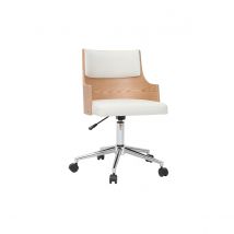 Miliboo - Chaise de bureau à roulettes design blanc, bois clair et acier chromé MAYOL