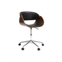 Chaise de bureau à roulettes design noir, bois foncé noyer et acier chromé BENT