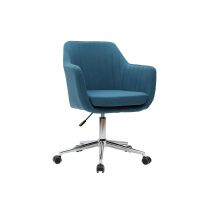 Miliboo - Chaise de bureau à roulettes en tissu bleu canard et acier chromé ALEYNA