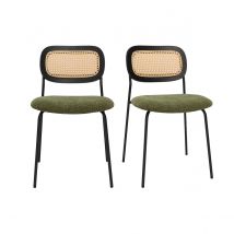 Miliboo - Chaises design en tissu effet velours texturé vert kaki, métal noir et cannage rotin (lot de 2) MIRANDA