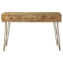 Miliboo - Console avec rangements 3 tiroirs en bois manguier massif gravé et métal doré L120 cm LINIUM