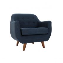 Miliboo - Fauteuil déhoussable en tissu bleu foncé et bois foncé YNOK