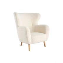 Miliboo - Fauteuil scandinave en tissu effet peau de mouton blanc et bois clair KORO
