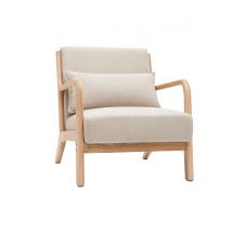 Miliboo - Fauteuil scandinave en tissu effet velours beige et bois clair massif DERRY