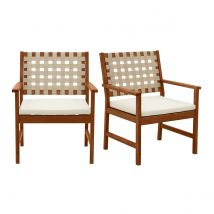 Miliboo - Fauteuils de jardin en bois massif avec coussin blanc et sangles beiges (lot de 2) SANTANA