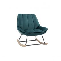 Miliboo - Rocking chair design en tissu velours bleu pétrole, métal noir et bois clair BILLIE