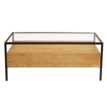 Table basse rectangulaire avec rangements en bois manguier massif, verre et métal noir L100 cm SITA