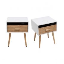 Miliboo - Tables de chevet connectées multimédia blanc mat et bois clair massif L40 (lot de 2) PAVAN