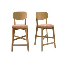 Miliboo - Tabourets de bar en bois clair chêne et tissu effet velours terracotta H65 cm (lot de 2) LUCIA